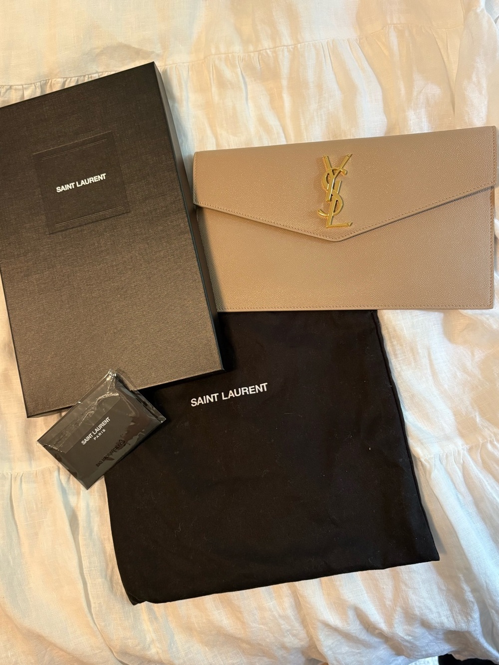Saint Laurent Uptown Pouch in Grained Leather- Dark Beige